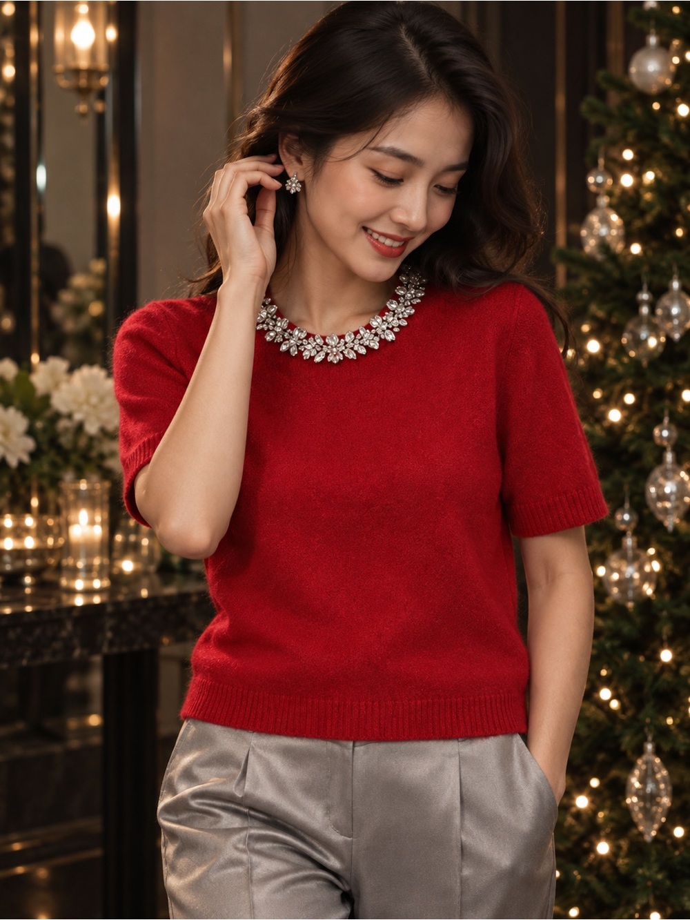 Antonio Melani Sweater Women Kourtney Red Wool-Blend Size M Jeweled Neck NWT